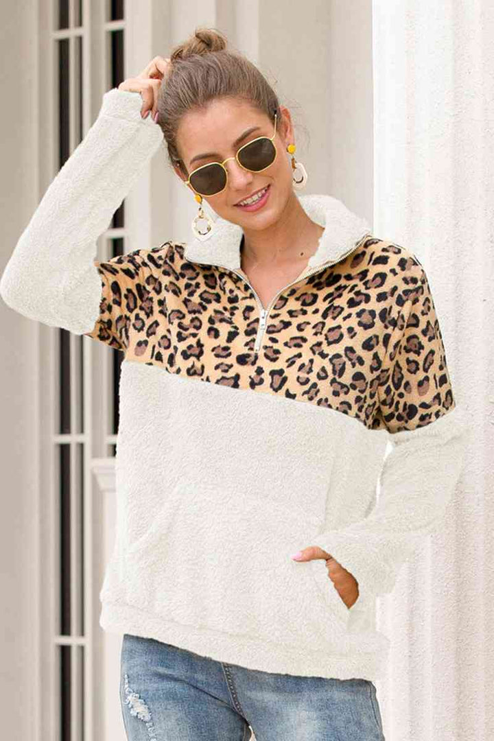 Leopard Zip-Up Turtle Neck Dropped Shoulder Sweatshirt |1mrk.com