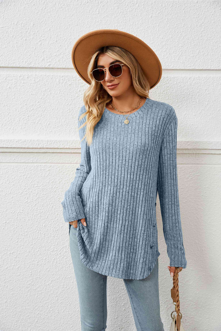 Round Neck Ribbed Long Sleeve T-Shirt | 1mrk.com