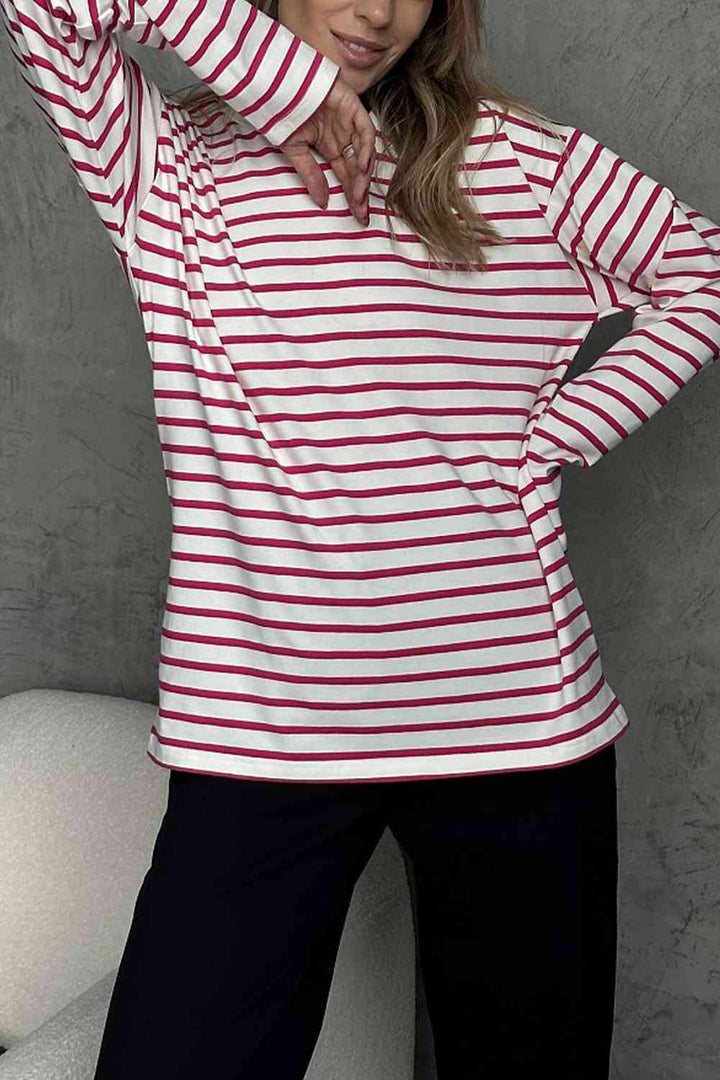 Round Neck Striped Dropped Shoulder T-Shirt | 1mrk.com