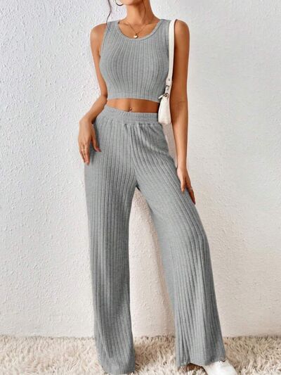 Ribbed Round Neck Tank and Pants Sweater Set |1mrk.com