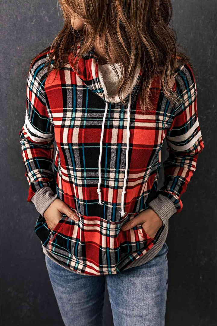 Plaid Drawstring Long Sleeve Sweatshirt |1mrk.com