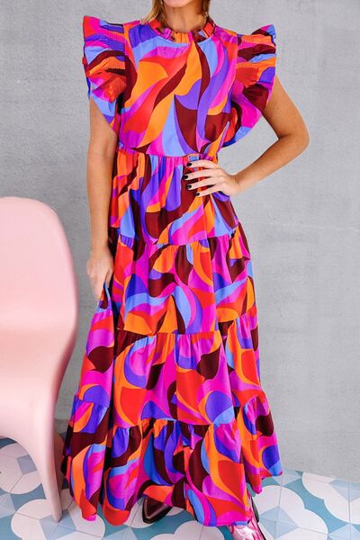 Printed Ruffled Mock Neck Tiered Dress |1mrk.com