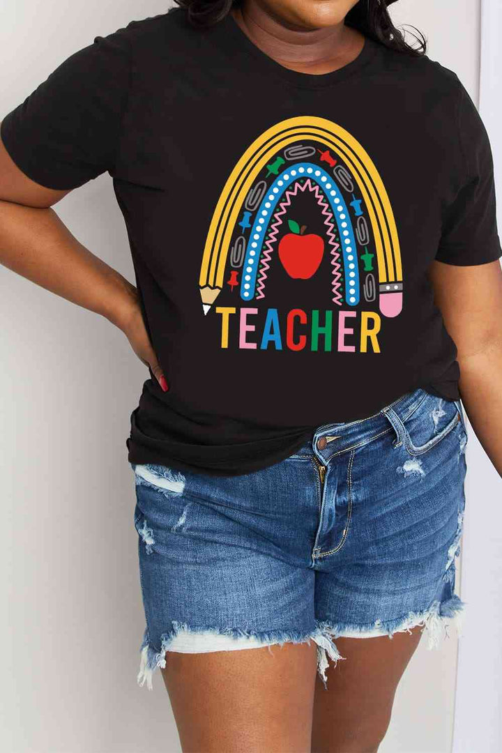 Simply Love Full Size TEACHER Rainbow Graphic Cotton Tee | 1mrk.com