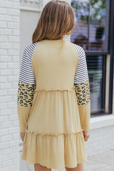 Frill Striped Leopard Round Neck Mini Dress |1mrk.com