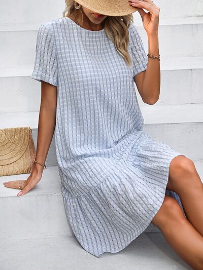 Round Neck Short Sleeve Ruffle Hem Dress |1mrk.com