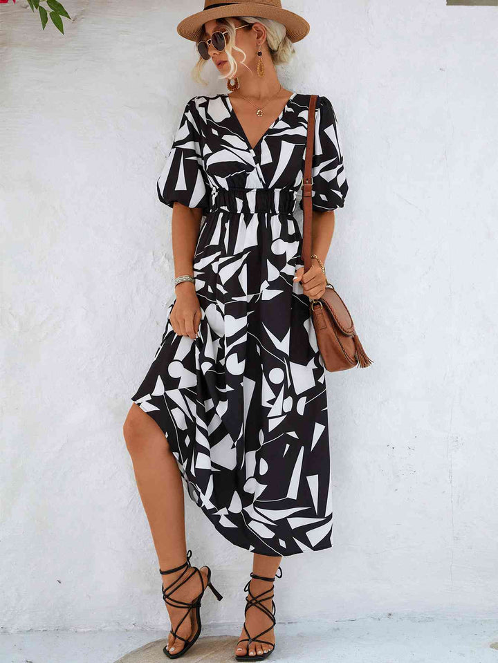 Printed Surplice Balloon Sleeve Dress |1mrk.com