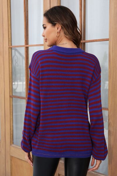 Striped Round Neck Dropped Shoulder Sweater |1mrk.com