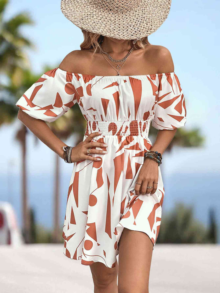 Printed Off-Shoulder Smocked Waist Dress |1mrk.com