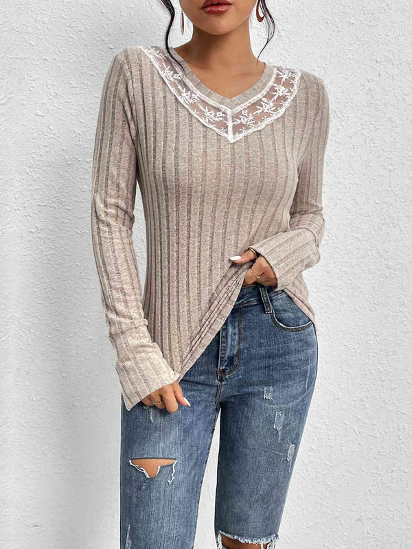 Lace Detail Ribbed V-Neck Long Sleeve Top | 1mrk.com
