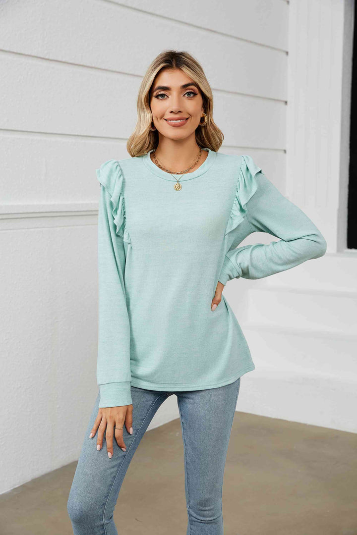 Ruffle Shoulder Long Sleeve T-Shirt | 1mrk.com