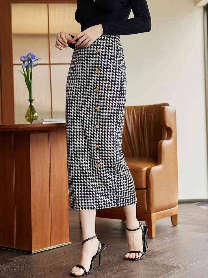 Houndstooth Decorative Button Slit Midi Skirt |1mrk.com