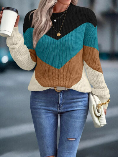 Color Block Round Neck Dropped Shoulder Sweater | Trendsi