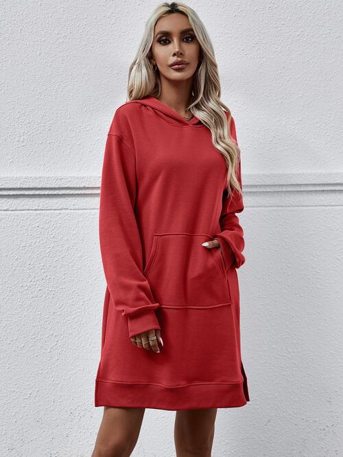 Slit Long Sleeve Hooded Dress with Pocket | 1mrk.com