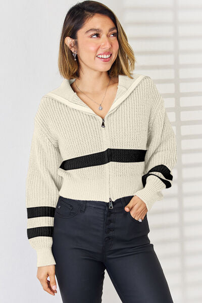 Striped Zip Up Dropped Shoulder Cardigan | Trendsi