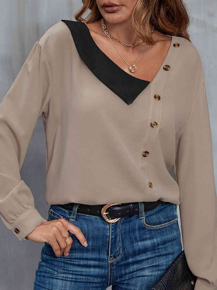 Asymmetrical Neck Buttoned Long Sleeve Top | 1mrk.com