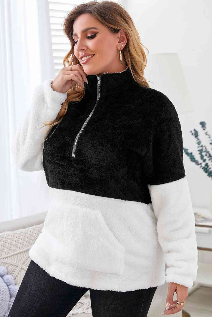 Plus Size Half Zipper Fleece Sweatshirt with Pocket |1mrk.com