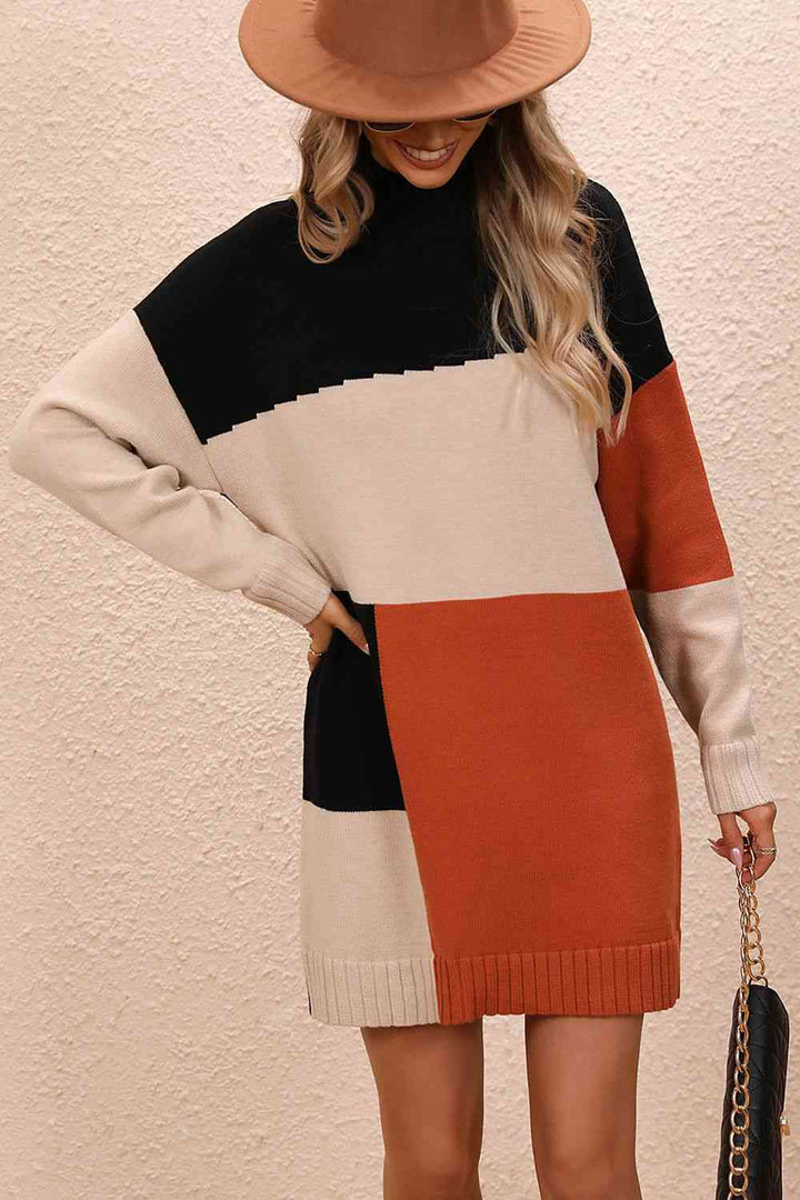 Color Block Mock Neck Dropped Shoulder Sweater Dress | 1mrk.com