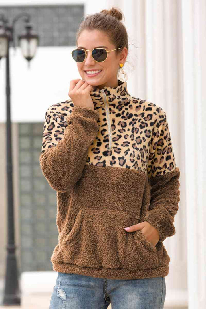 Leopard Zip-Up Turtle Neck Dropped Shoulder Sweatshirt |1mrk.com