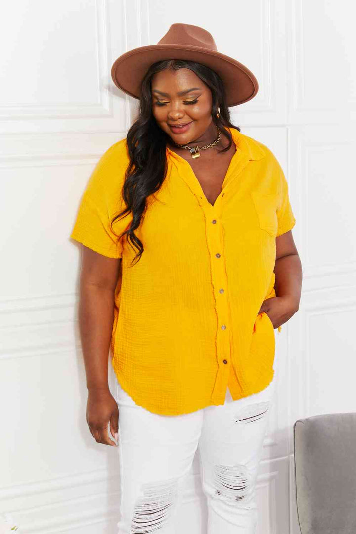 Zenana Full Size Summer Breeze Gauze Short Sleeve Shirt in Mustard |1mrk.com