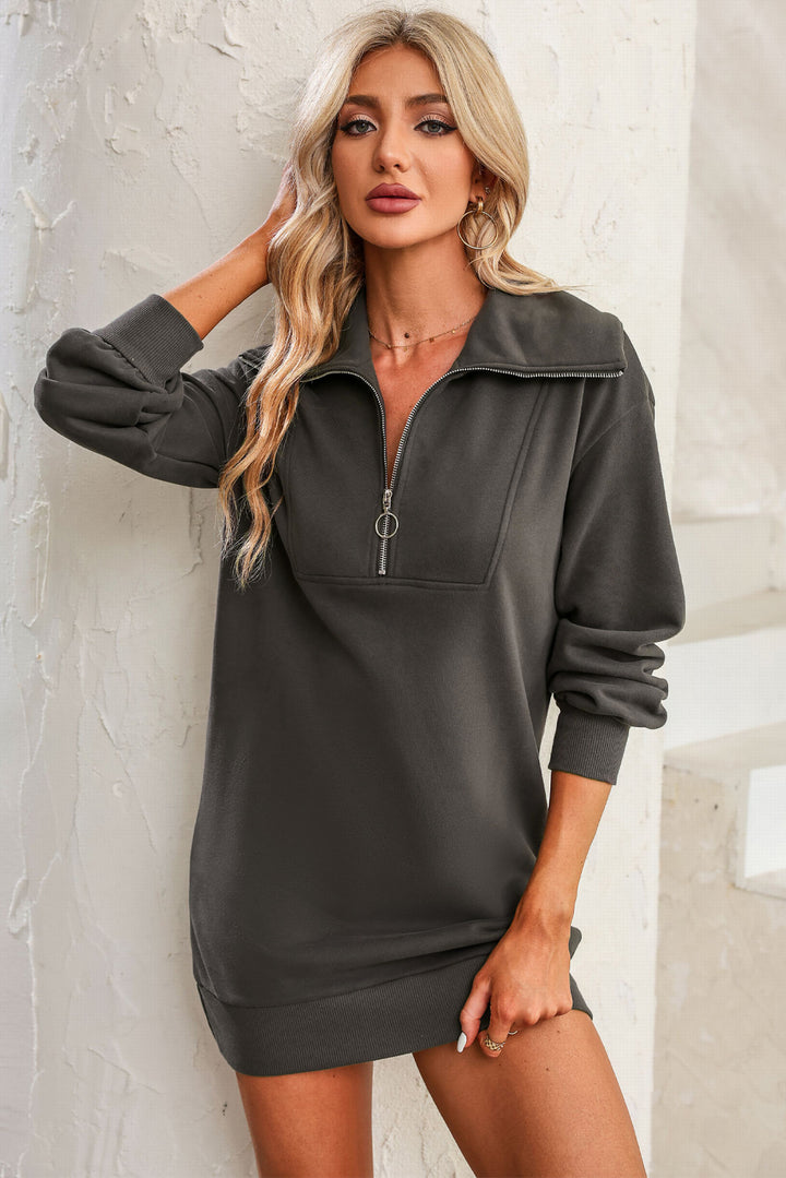 Half Zip Dropped Shoulder Mini Sweatshirt Dress | Trendsi