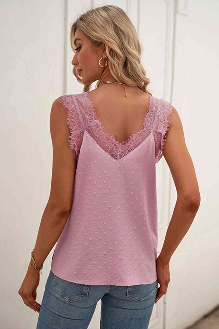 Swiss Dot Lace Trim V-Neck Tank | 1mrk.com