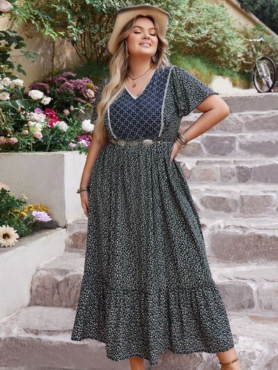 Plus Size Printed V-Neck Flutter Sleeve Midi Dress | Trendsi