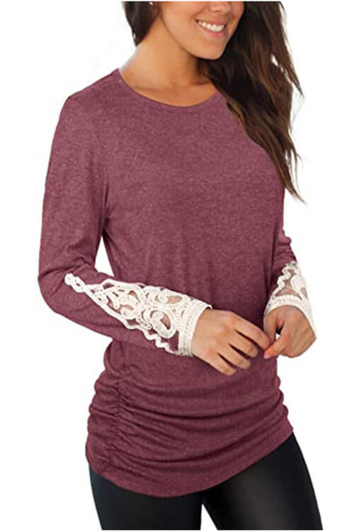 Lace Detail Long Sleeve Round Neck T-Shirt | 1mrk.com