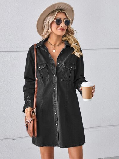 Pocketed Dropped Shoulder Mini Denim Dress |1mrk.com