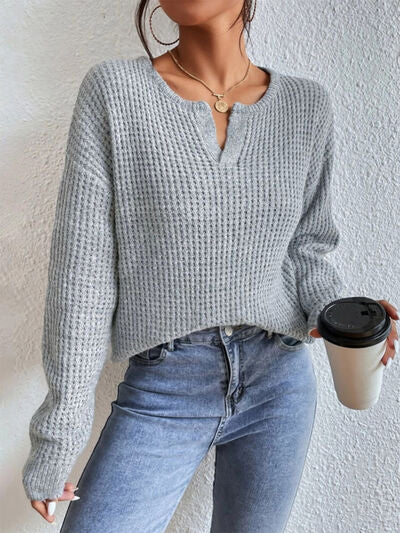 Notched Dropped Shoulder Sweater | Trendsi