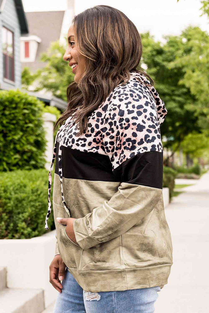 Plus Size Leopard Print Color Block Hoodie with Kangaroo Pocket | 1mrk.com