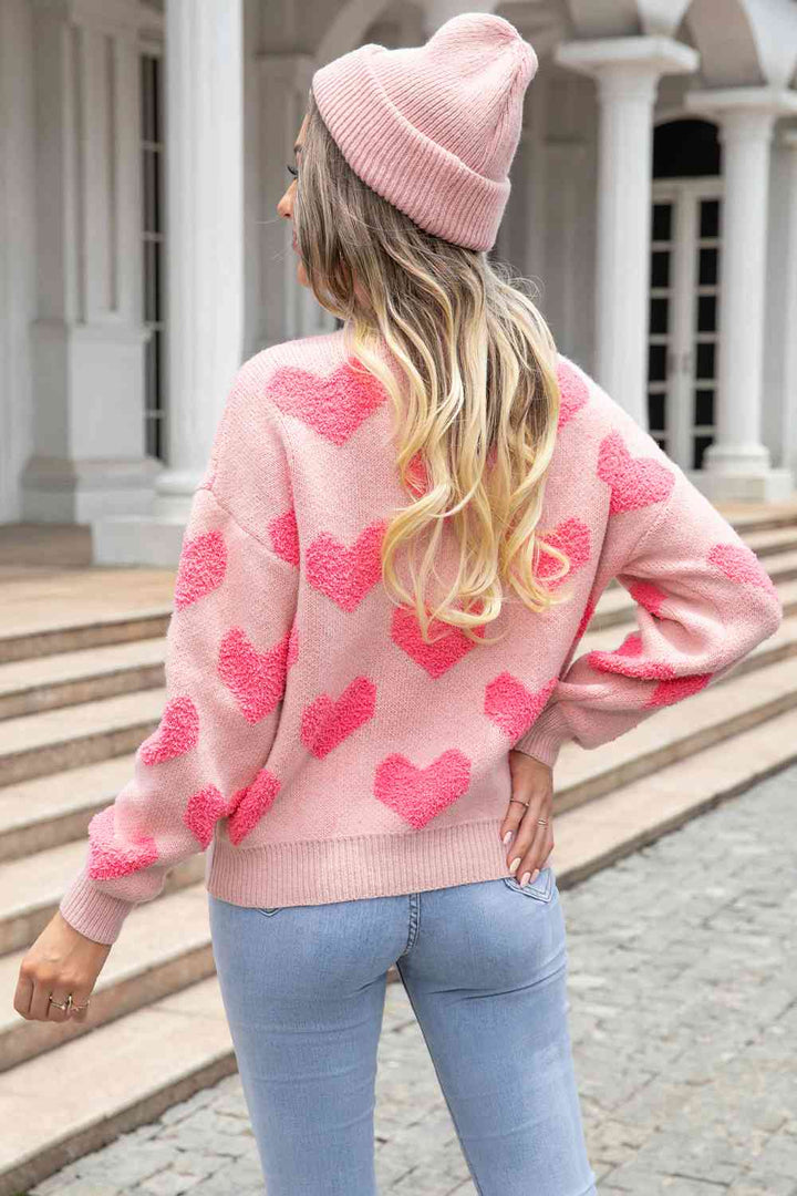 Round Neck Dropped Shoulder Sweater with Heart Pattern |1mrk.com