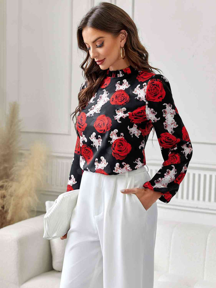 Floral Mock Neck Long Sleeve Blouse |1mrk.com