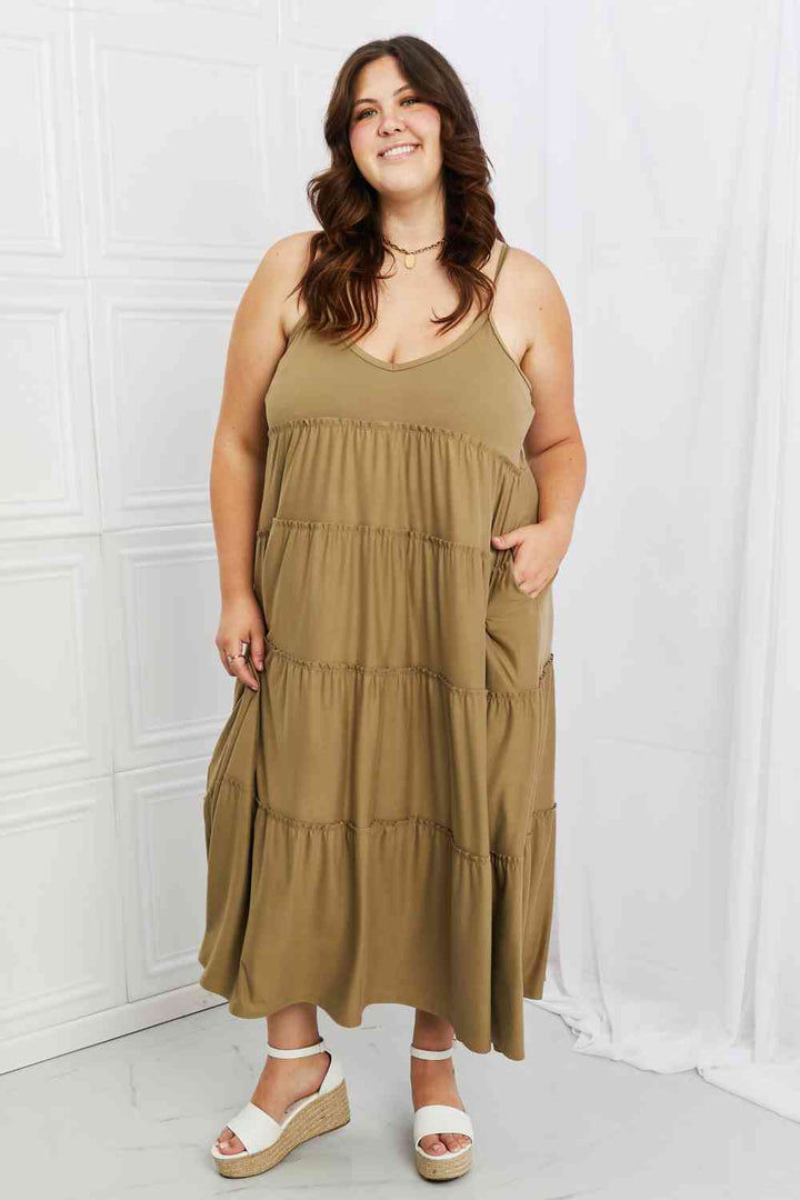 Zenana Full Size Spaghetti Strap Tiered Dress with Pockets in Khaki | 1mrk.com
