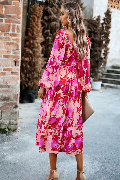 Printed Balloon Sleeve Pocketed Midi Dress |1mrk.com