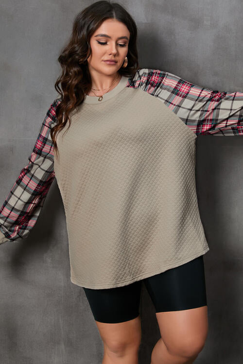 Plus Size Plaid Round Neck Long Sleeve Sweatshirt |1mrk.com