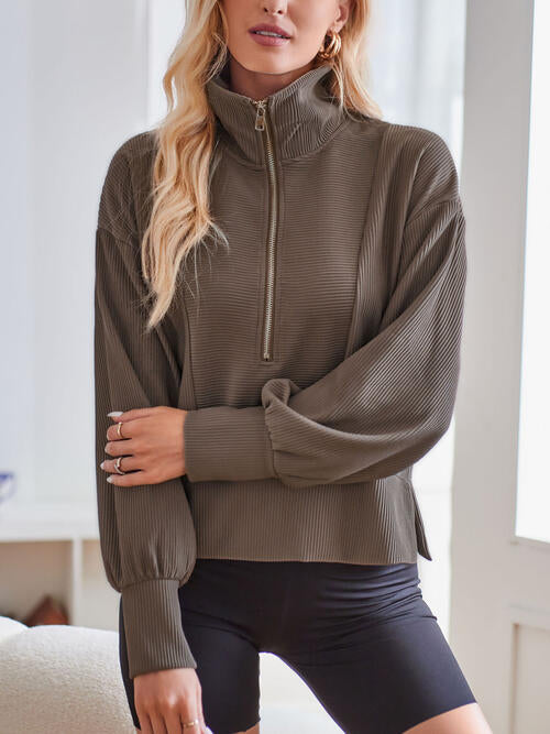 Ribbed Half Zip Collared Neck Sweatshirt |1mrk.com