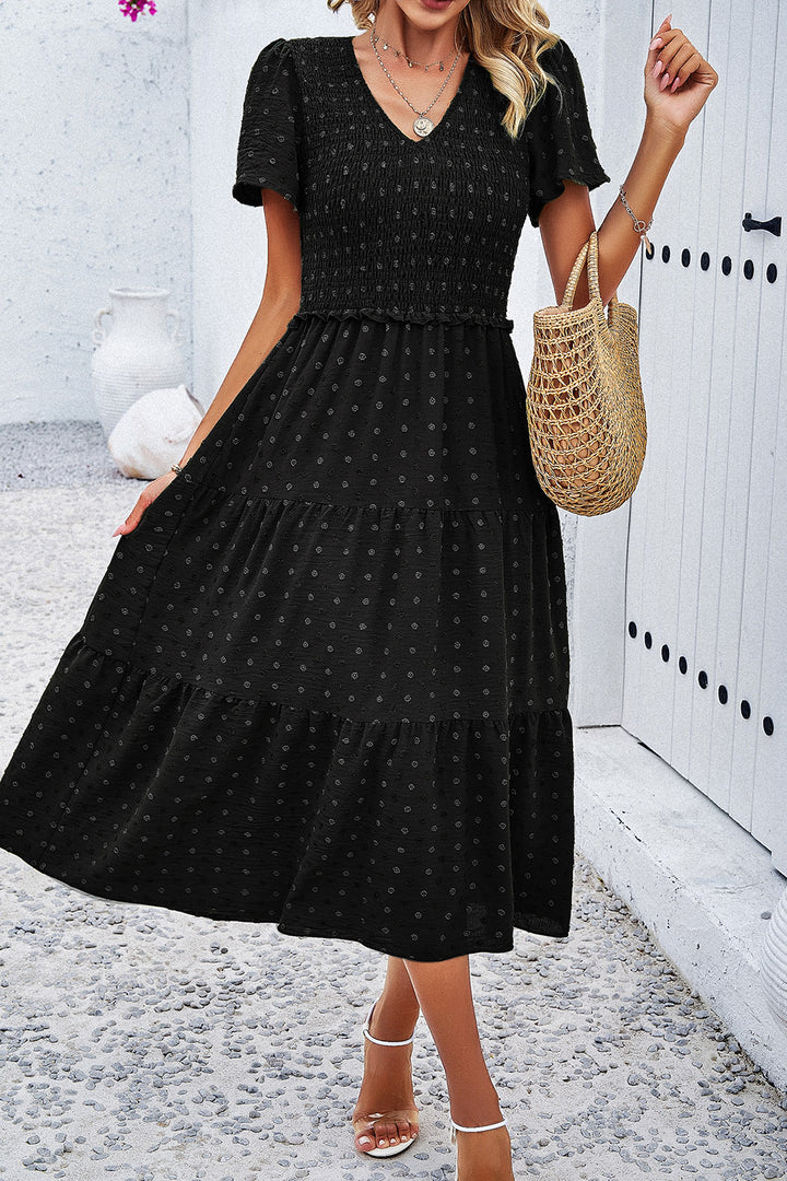 Swiss Dot Short Sleeve Smocked Dress | Trendsi