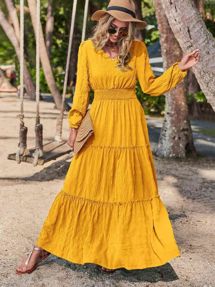 Smocked Waist V-Neck Maxi Dress |1mrk.com