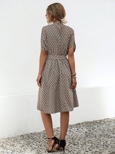 Tied Printed Mock Neck Short Sleeve Dress |1mrk.com