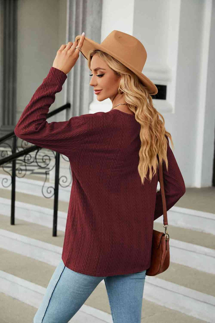 Decorative Button V-Neck Long Sleeve T-Shirt | 1mrk.com