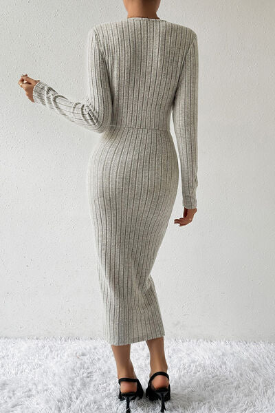 Ribbed Surplice Long Sleeve Midi Dress |1mrk.com