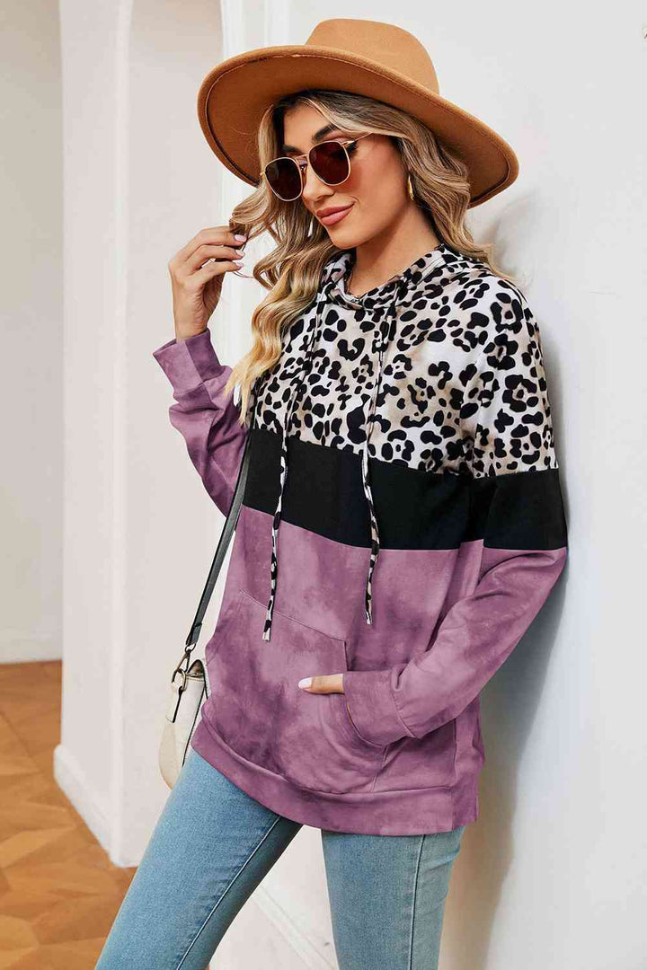 Leopard Drawstring Hoodie with Pocket |1mrk.com