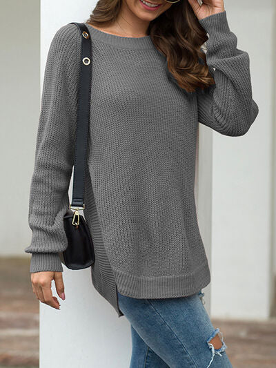 Slit Round Neck Long Sleeve Sweater |1mrk.com