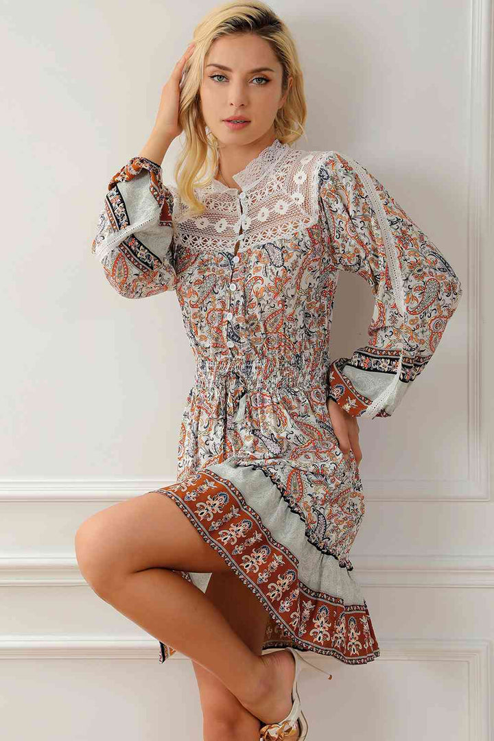 Printed Lace Detail Balloon Sleeve Dress |1mrk.com