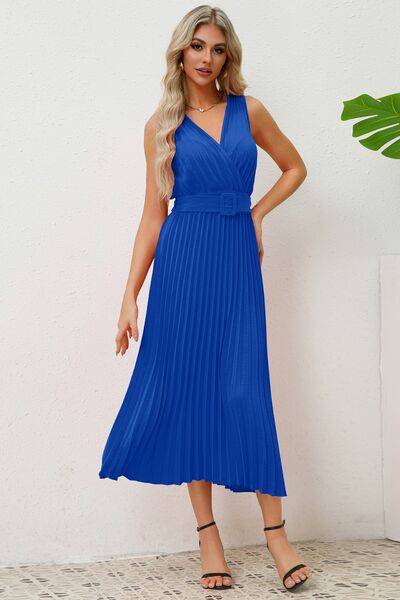 Surplice Sleeveless Midi Pleated Dress |1mrk.com