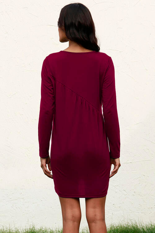 Ruched Round Neck Long Sleeve Dress | 1mrk.com