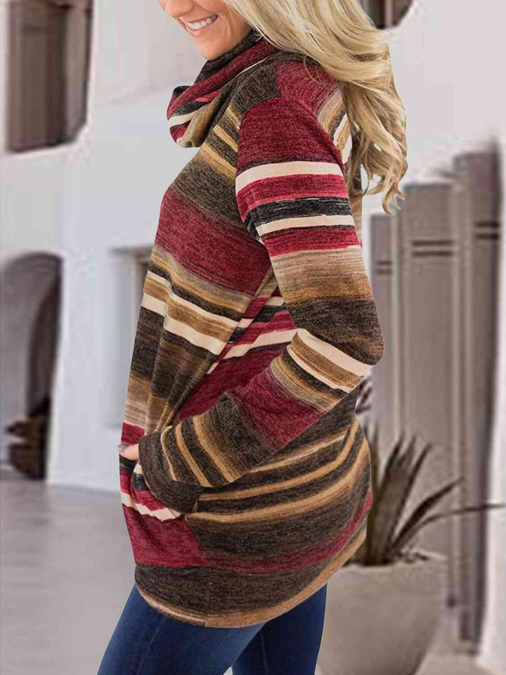 Striped Drawstring Cowl Neck Sweatshirt |1mrk.com