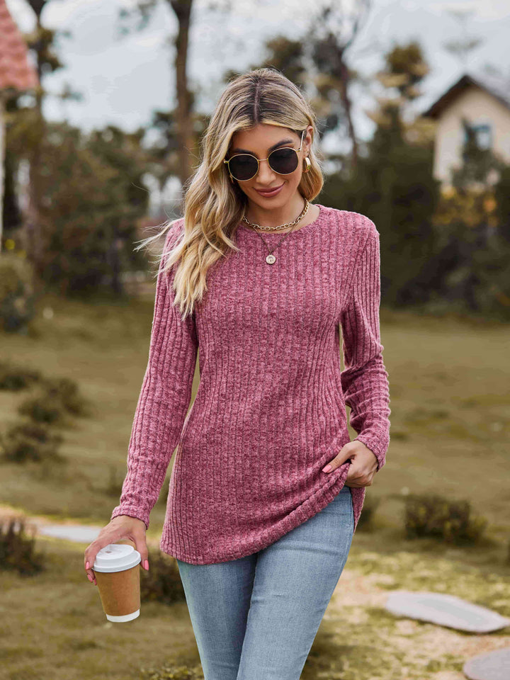 Ribbed Round Neck Long Sleeve Tee | 1mrk.com