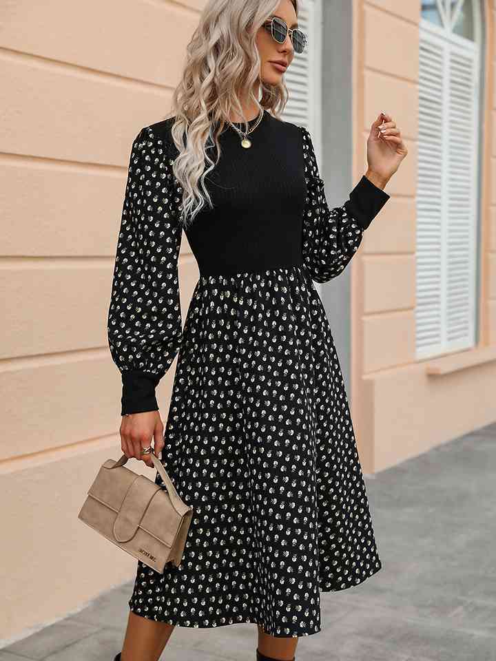 Printed Round Neck Long Sleeve Dress | 1mrk.com