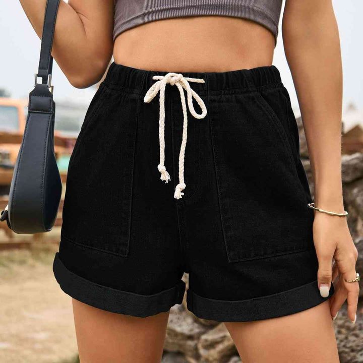 Drawstring High Waist Denim Shorts with Pockets |1mrk.com